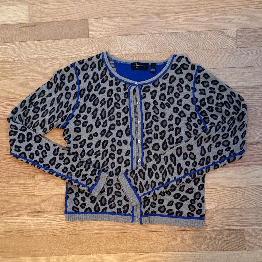 Aqua 100% Cashmere Leopard Print Cardigan with Royal Blue Trim